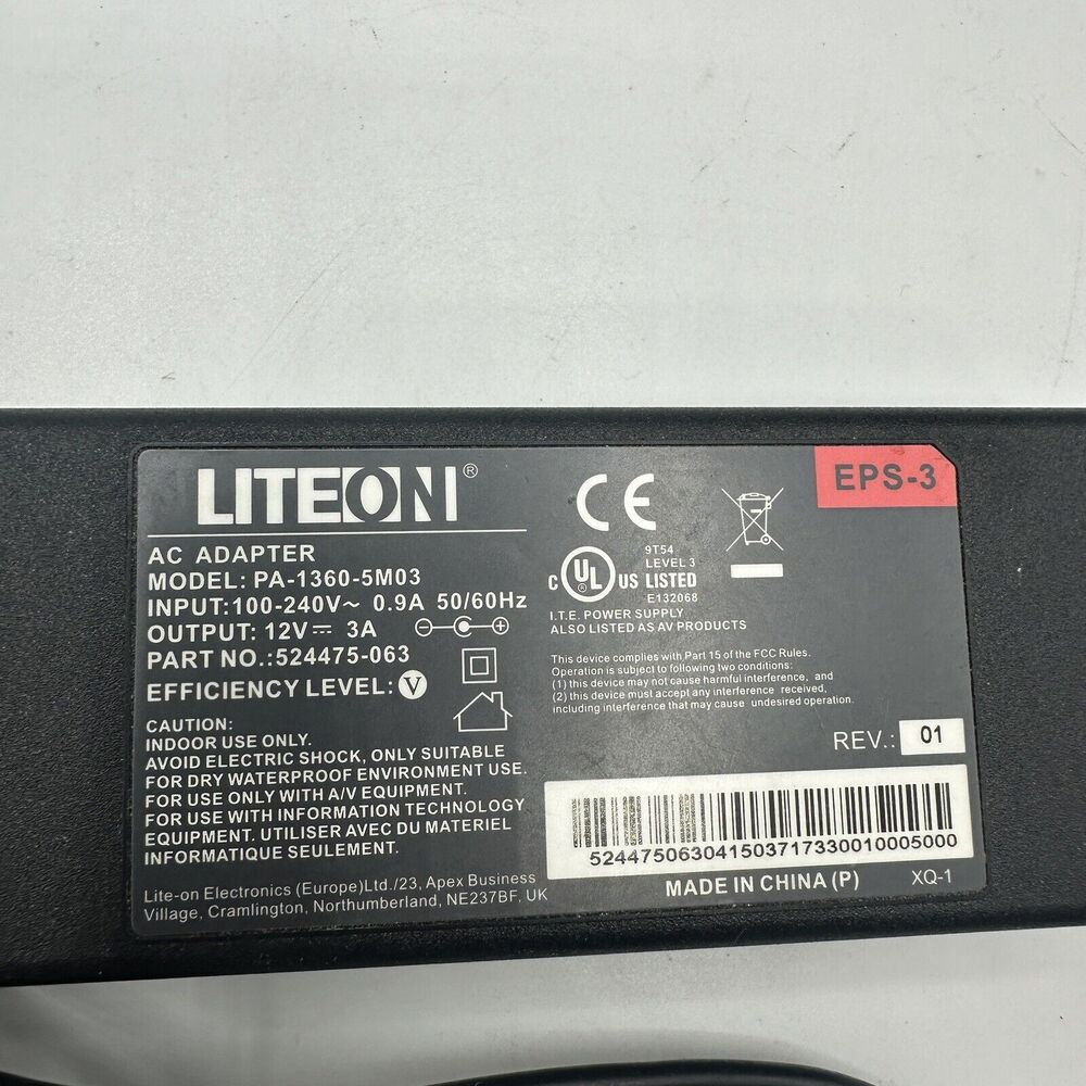 LITE ON Power Adopter PA-1360-5M03 12Volt 3AMP - TESTED
